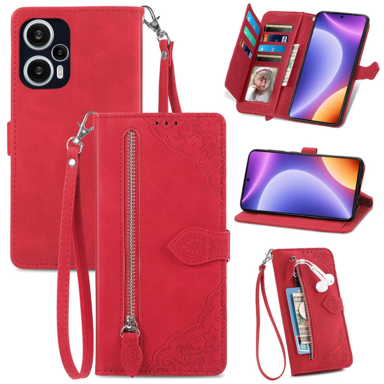 For Redmi Note 12 Turbo Embossed Flower Zipper Leather Phone Case