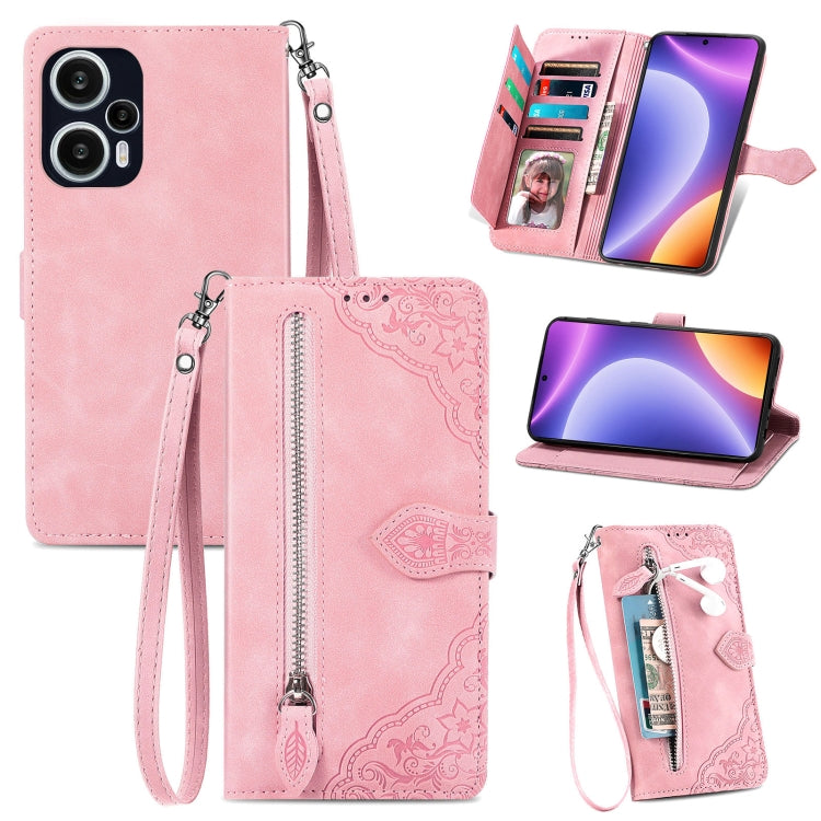 For Redmi Note 12 Turbo Embossed Flower Zipper Leather Phone Case