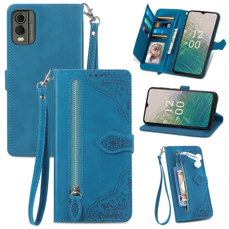 For Nokia C32 Embossed Flower Zipper Leather Phone Case