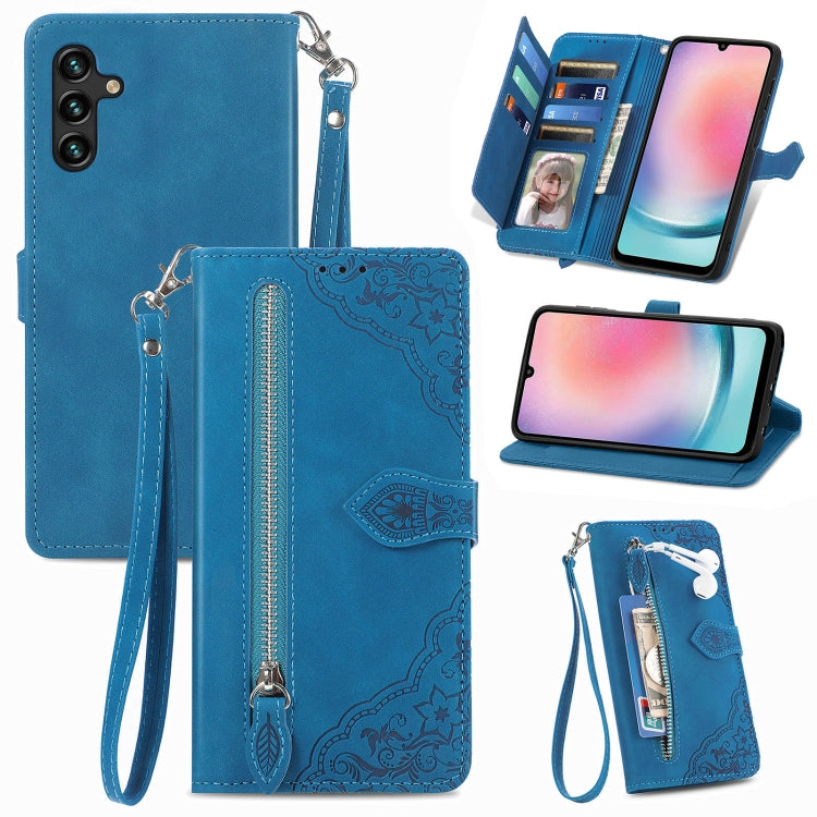 For Samsung Galaxy A24 4G Embossed Flower Zipper Leather Phone Case