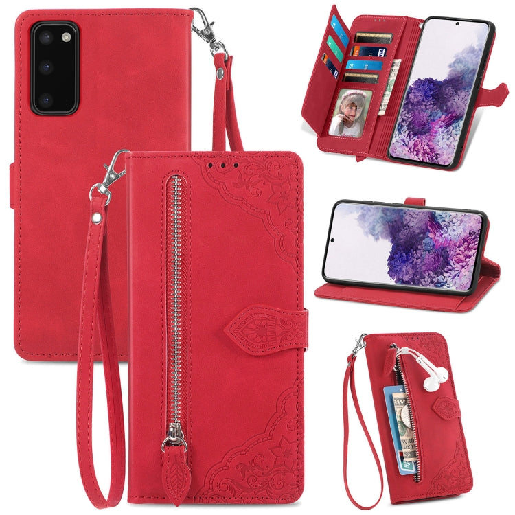 For Samsung Galaxy S20 Embossed Flower Zipper Leather Phone Case