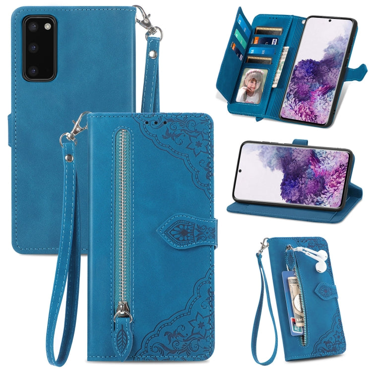 For Samsung Galaxy S20 Embossed Flower Zipper Leather Phone Case