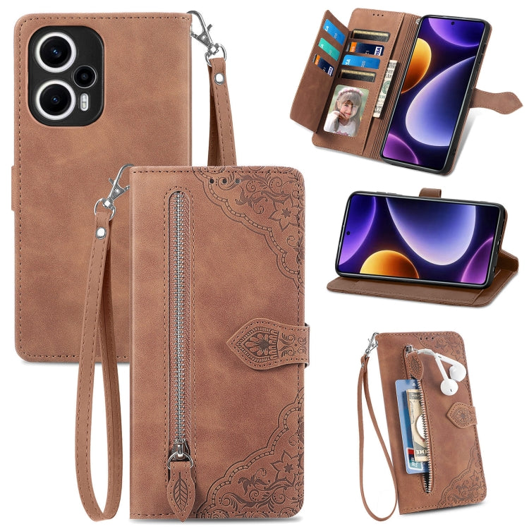 For Xiaomi POCO F5 Embossed Flower Zipper Leather Phone Case
