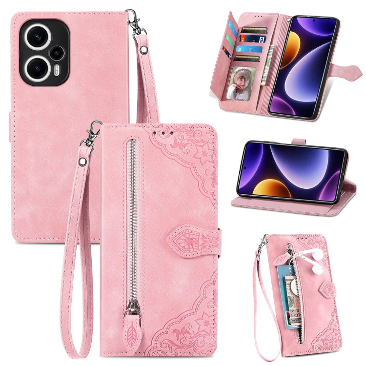 For Xiaomi POCO F5 Embossed Flower Zipper Leather Phone Case