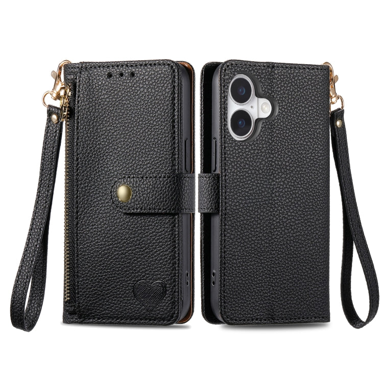 For iPhone 16 Plus Love Zipper Lanyard Leather Phone Case