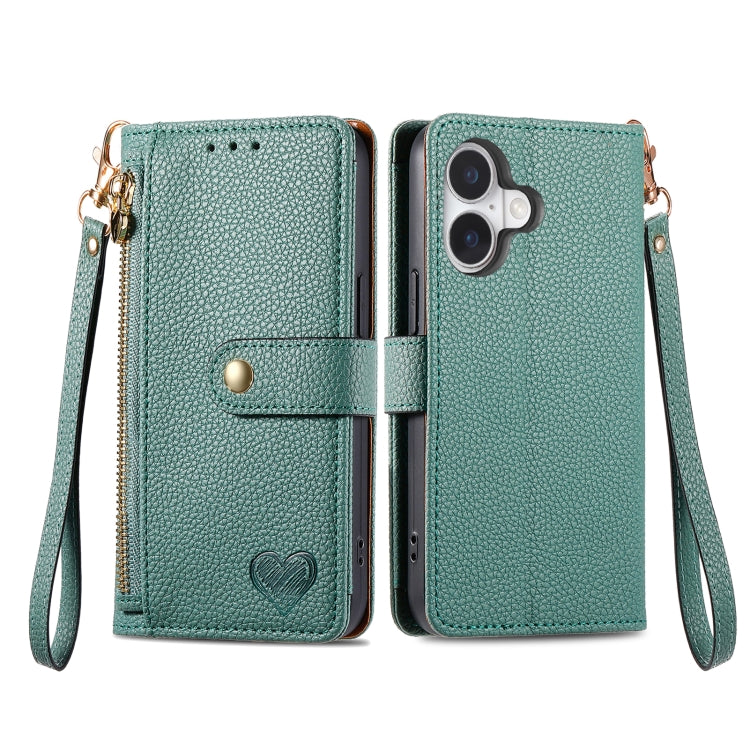 For iPhone 16 Plus Love Zipper Lanyard Leather Phone Case
