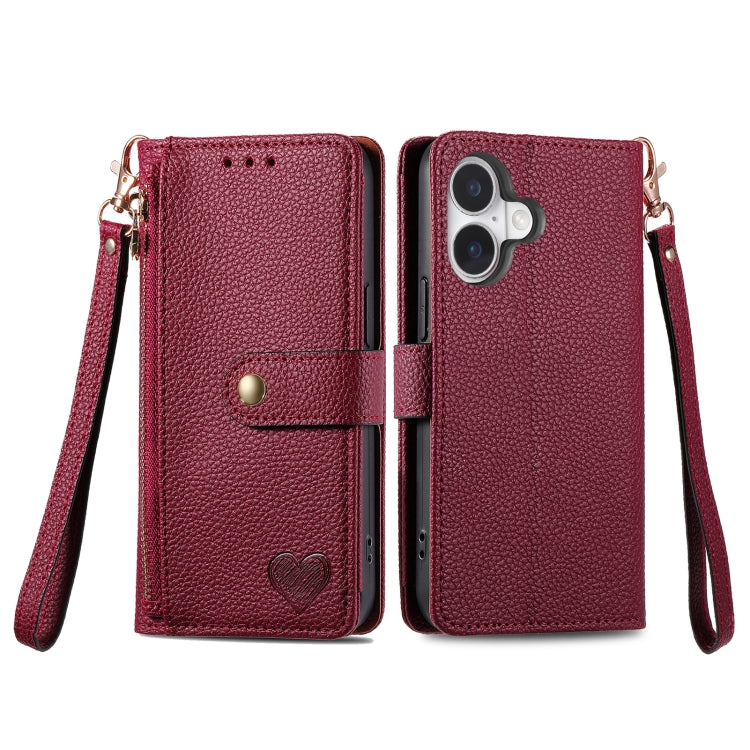 For iPhone 16 Plus Love Zipper Lanyard Leather Phone Case