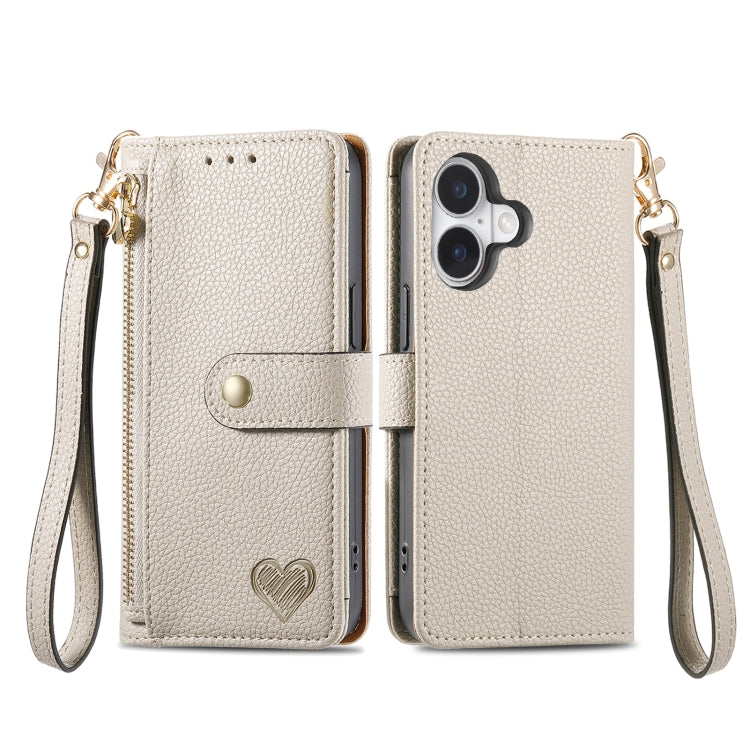 For iPhone 16 Plus Love Zipper Lanyard Leather Phone Case
