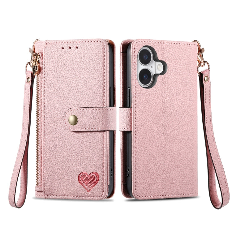 For iPhone 16 Pro Max Love Zipper Lanyard Leather Phone Case