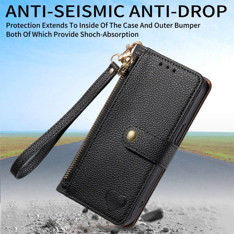 For iPhone 16 Pro Max Love Zipper Lanyard Leather Phone Case