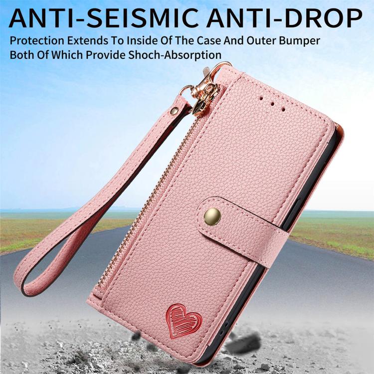 For iPhone 17e / 16e Love Zipper Lanyard Leather Phone Case
