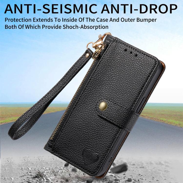 For iPhone 17e / 16e Love Zipper Lanyard Leather Phone Case