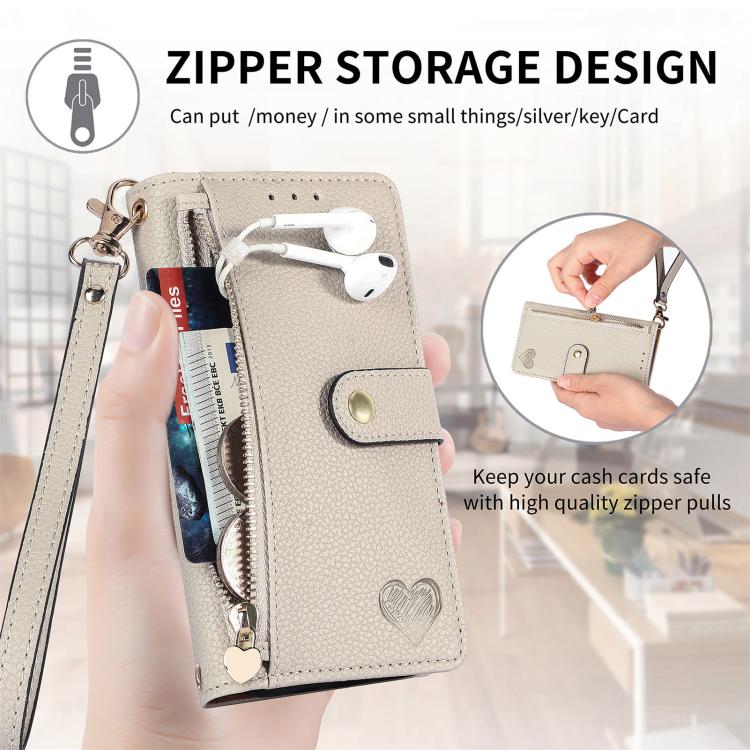 For iPhone 17e / 16e Love Zipper Lanyard Leather Phone Case