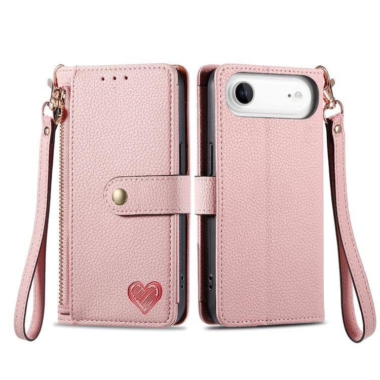 For iPhone Air Love Zipper Lanyard Leather Phone Case