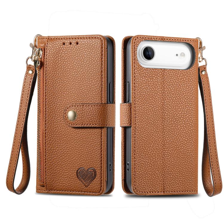 For iPhone Air Love Zipper Lanyard Leather Phone Case