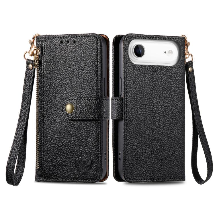 For iPhone Air Love Zipper Lanyard Leather Phone Case