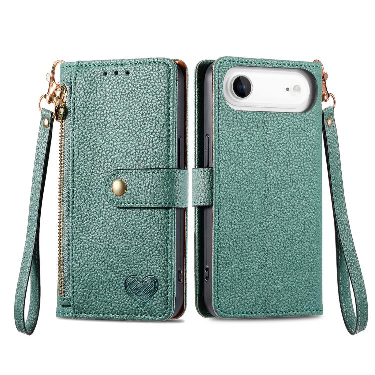 For iPhone Air Love Zipper Lanyard Leather Phone Case