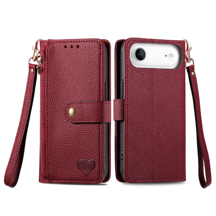 For iPhone Air Love Zipper Lanyard Leather Phone Case