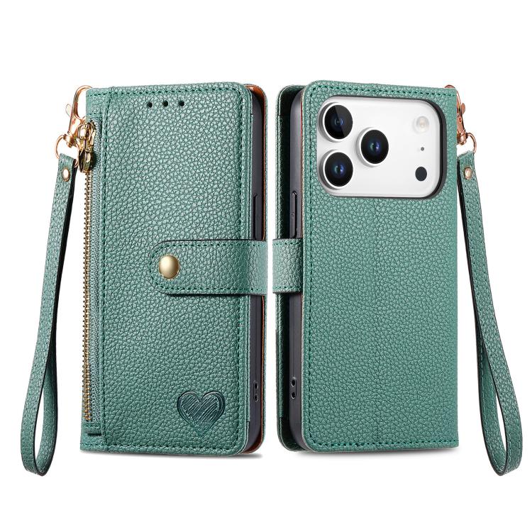For iPhone 17 Pro Love Zipper Lanyard Leather Phone Case