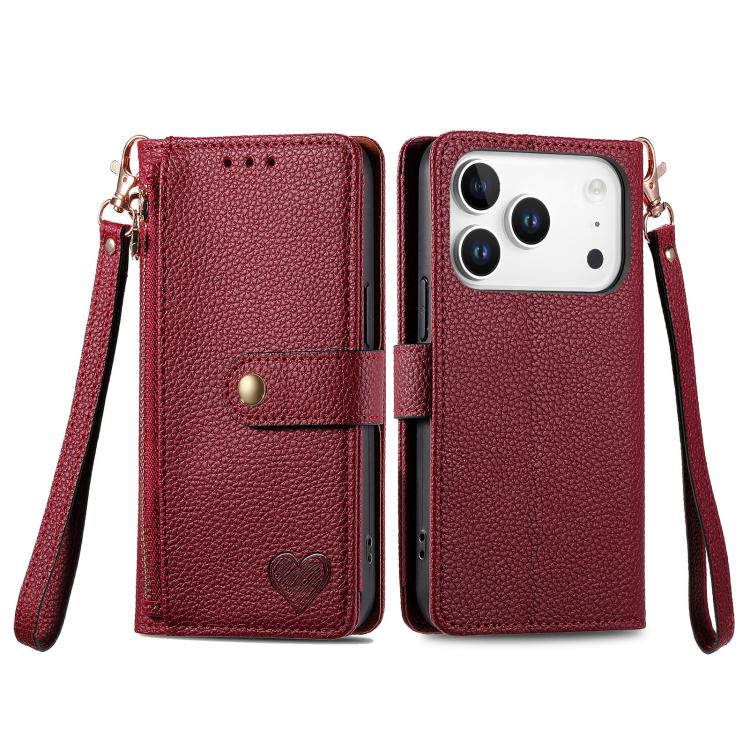 For iPhone 17 Pro Love Zipper Lanyard Leather Phone Case