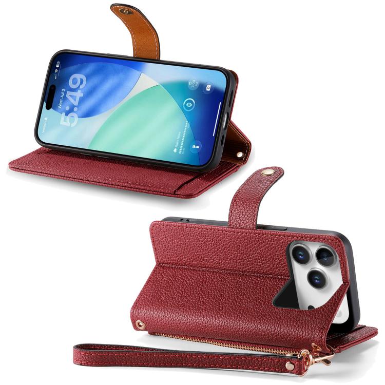 For iPhone 17 Pro Love Zipper Lanyard Leather Phone Case