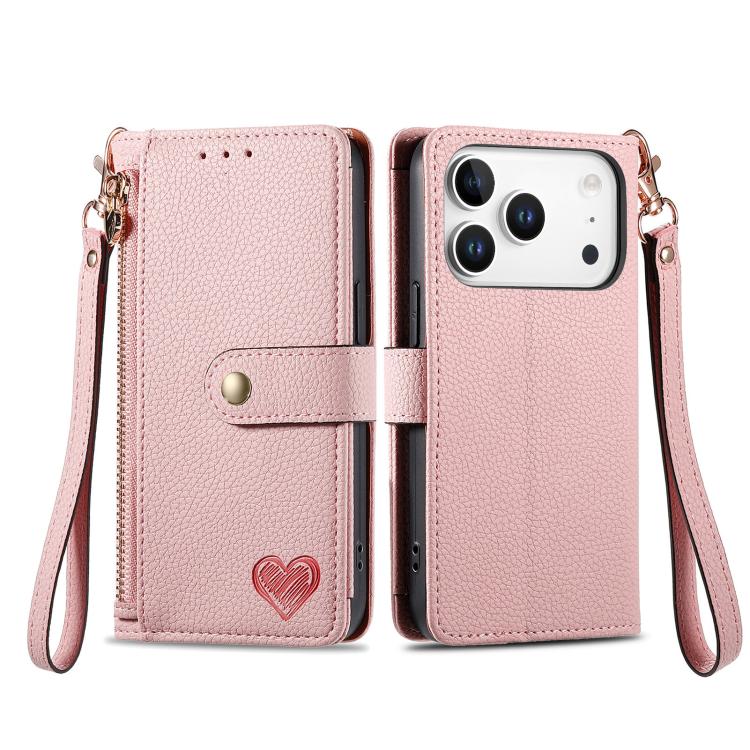 For iPhone 17 Pro Max Love Zipper Lanyard Leather Phone Case