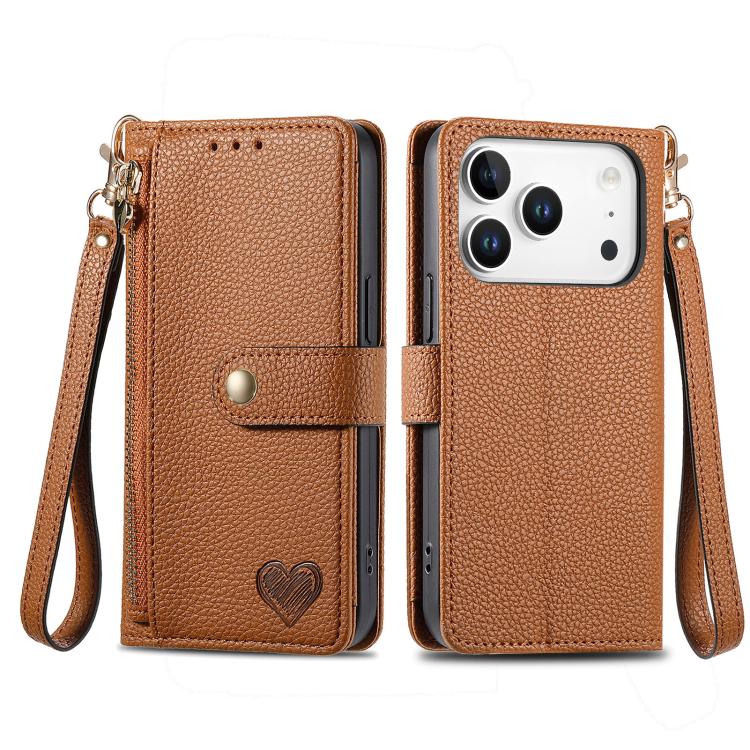 For iPhone 17 Pro Max Love Zipper Lanyard Leather Phone Case