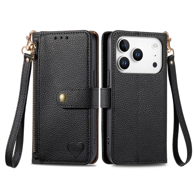 For iPhone 17 Pro Max Love Zipper Lanyard Leather Phone Case