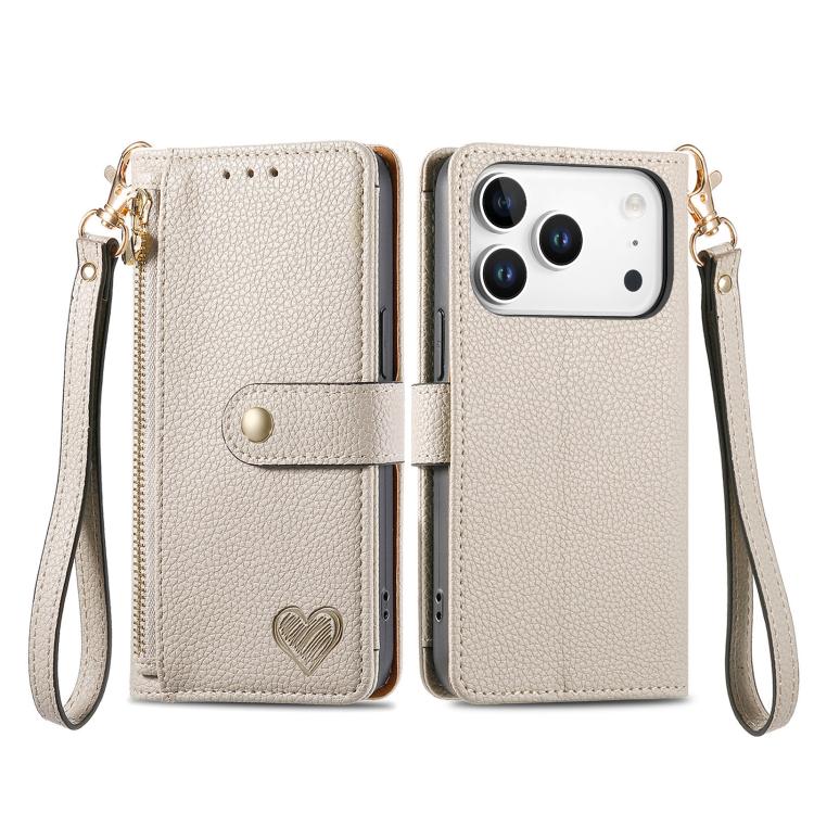 For iPhone 17 Pro Max Love Zipper Lanyard Leather Phone Case