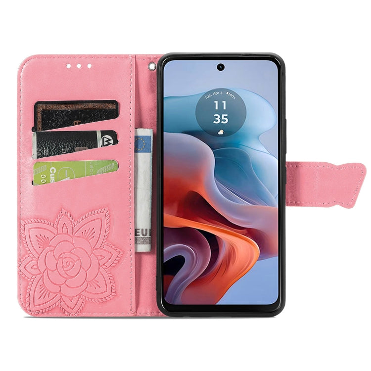 For Motorola Moto G34 Butterfly Love Flower Embossed Leather Phone Case