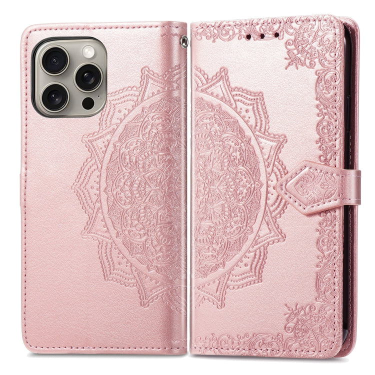 For iPhone 16 Pro Mandala Flower Embossed Leather Phone Case