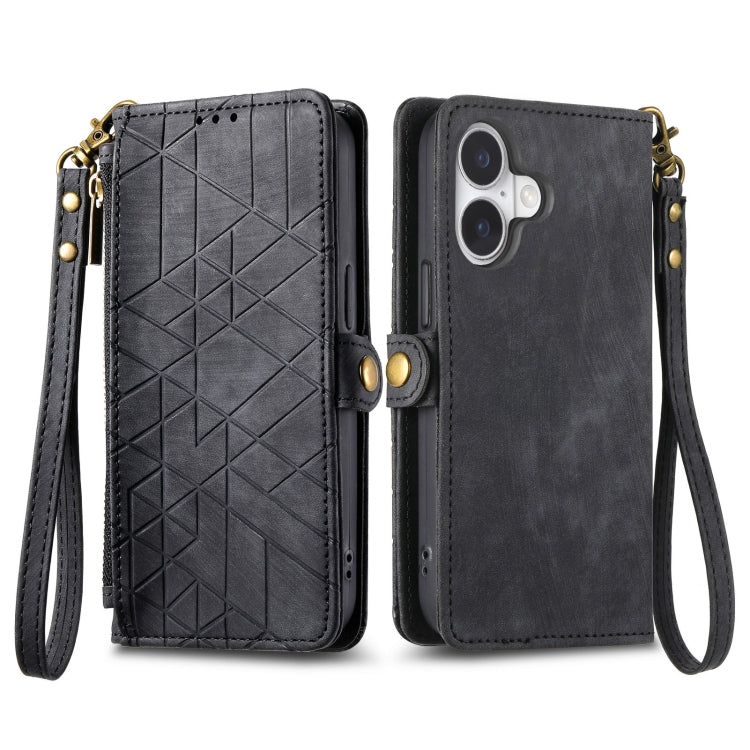 For iPhone 16 Geometric Zipper Wallet Side Buckle Leather Phone Case