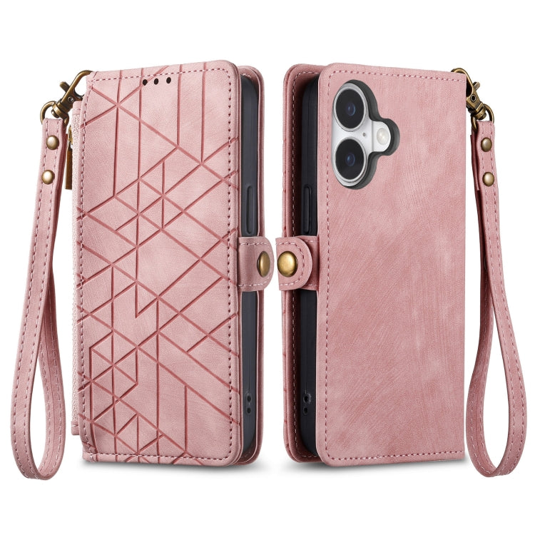 For iPhone 16 Geometric Zipper Wallet Side Buckle Leather Phone Case