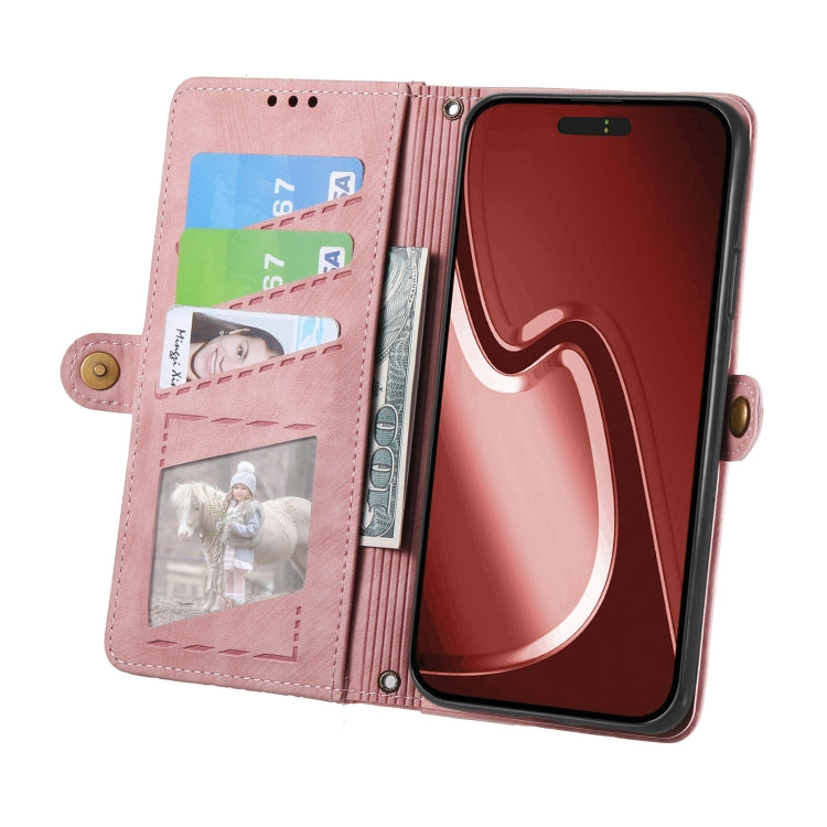 For iPhone 16 Geometric Zipper Wallet Side Buckle Leather Phone Case