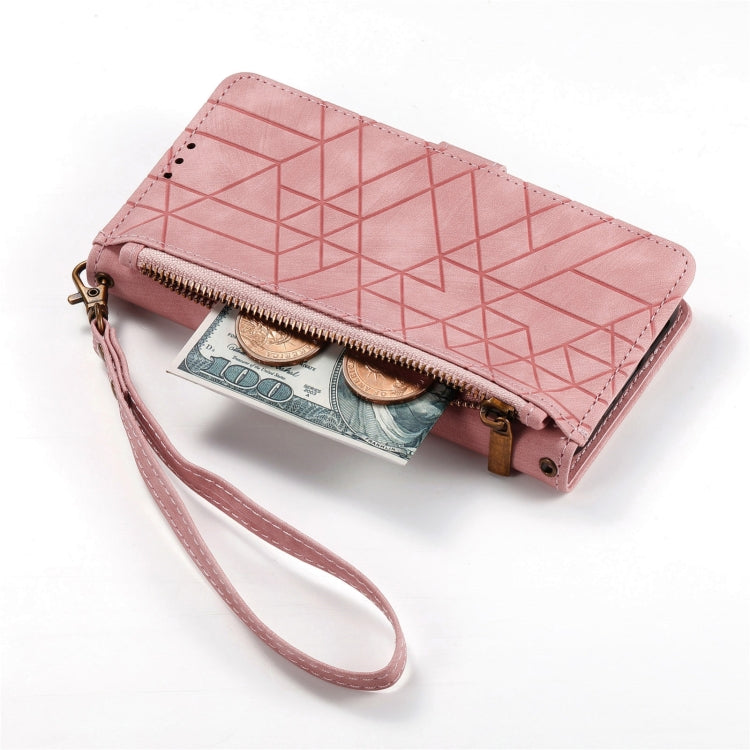For iPhone 16 Geometric Zipper Wallet Side Buckle Leather Phone Case