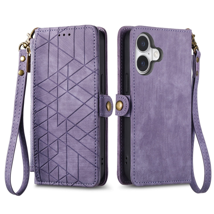 For iPhone 16 Geometric Zipper Wallet Side Buckle Leather Phone Case