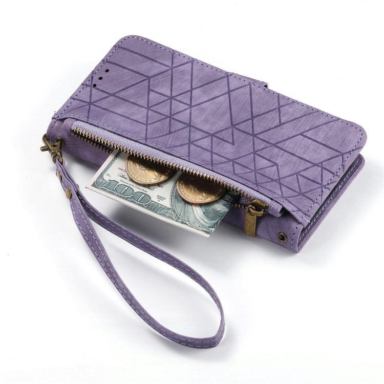 For iPhone 16 Geometric Zipper Wallet Side Buckle Leather Phone Case