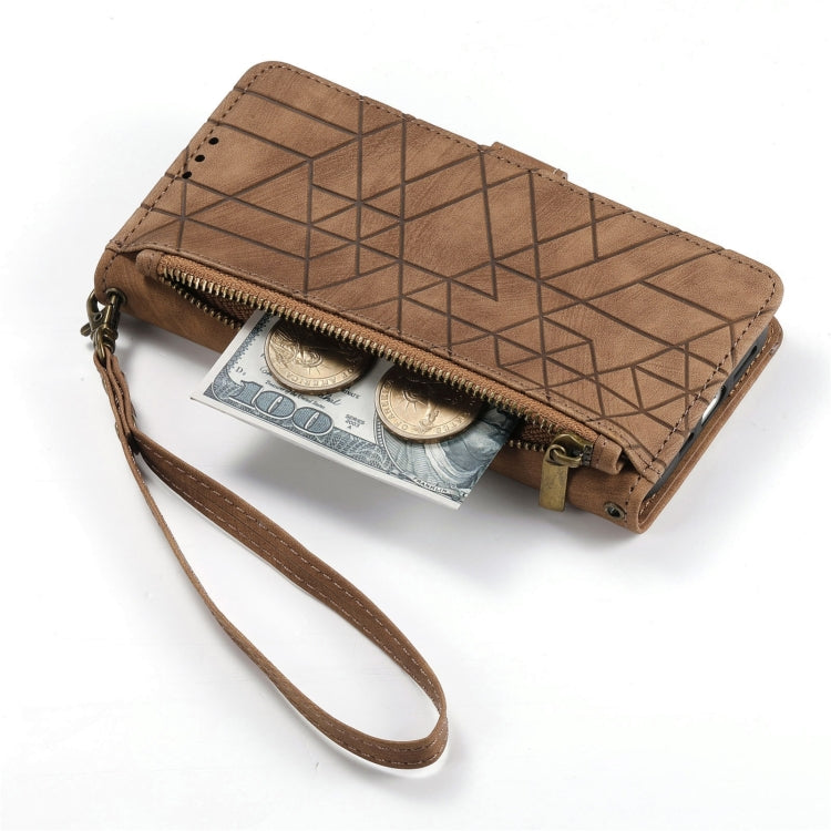 For iPhone 16 Pro Geometric Zipper Wallet Side Buckle Leather Phone Case