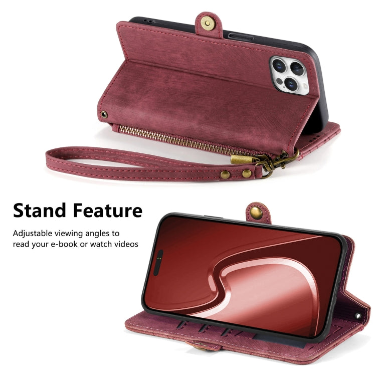 For iPhone 16 Pro Geometric Zipper Wallet Side Buckle Leather Phone Case