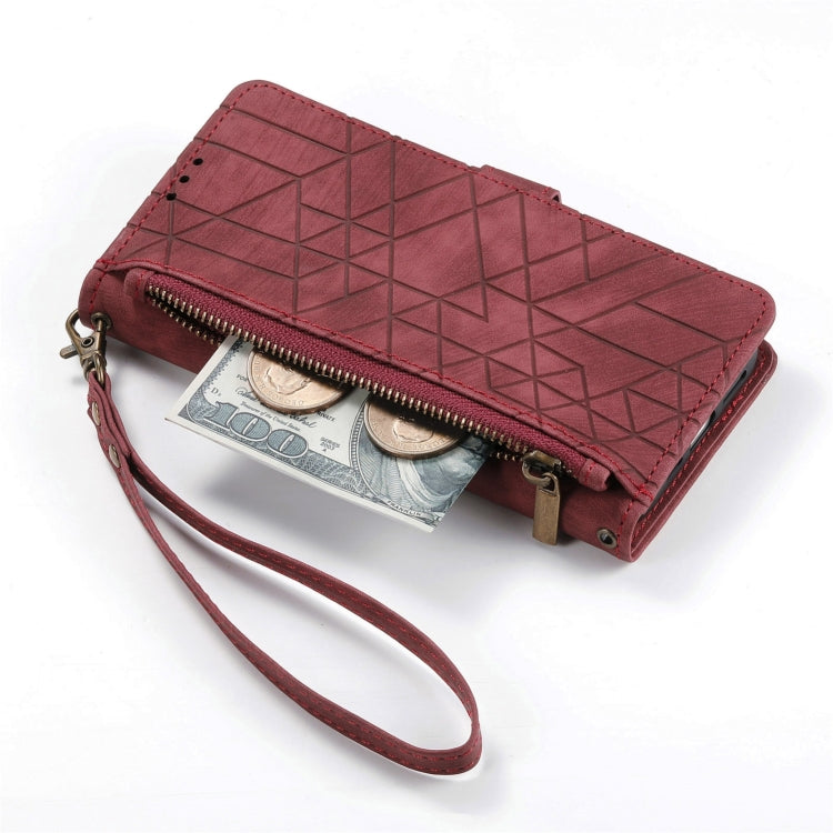 For iPhone 16 Pro Geometric Zipper Wallet Side Buckle Leather Phone Case
