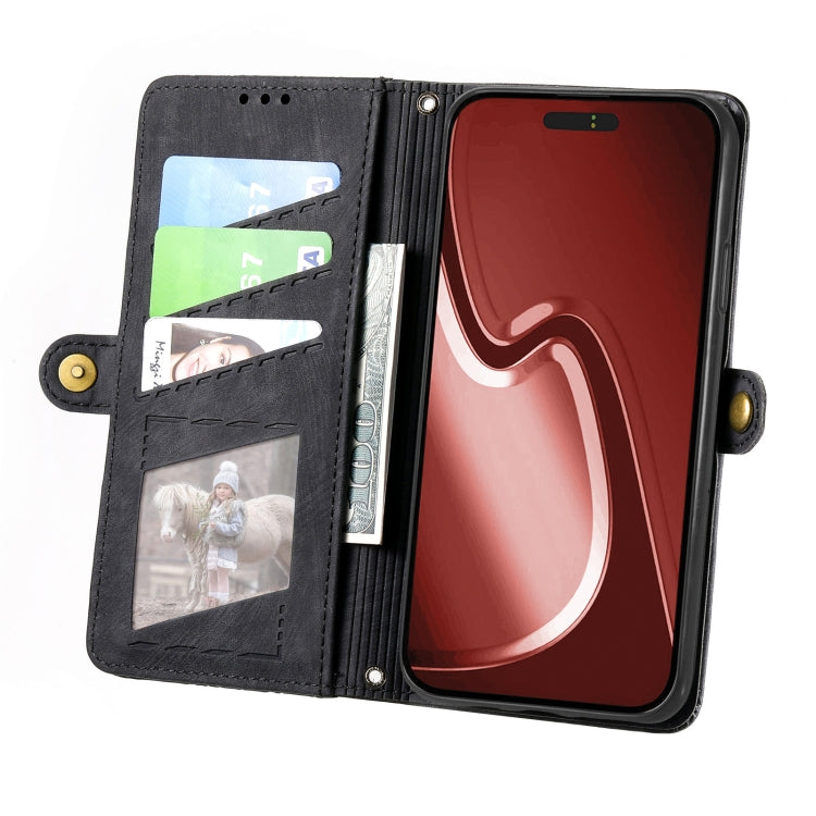 For iPhone 16 Pro Geometric Zipper Wallet Side Buckle Leather Phone Case