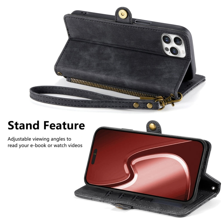For iPhone 16 Pro Geometric Zipper Wallet Side Buckle Leather Phone Case