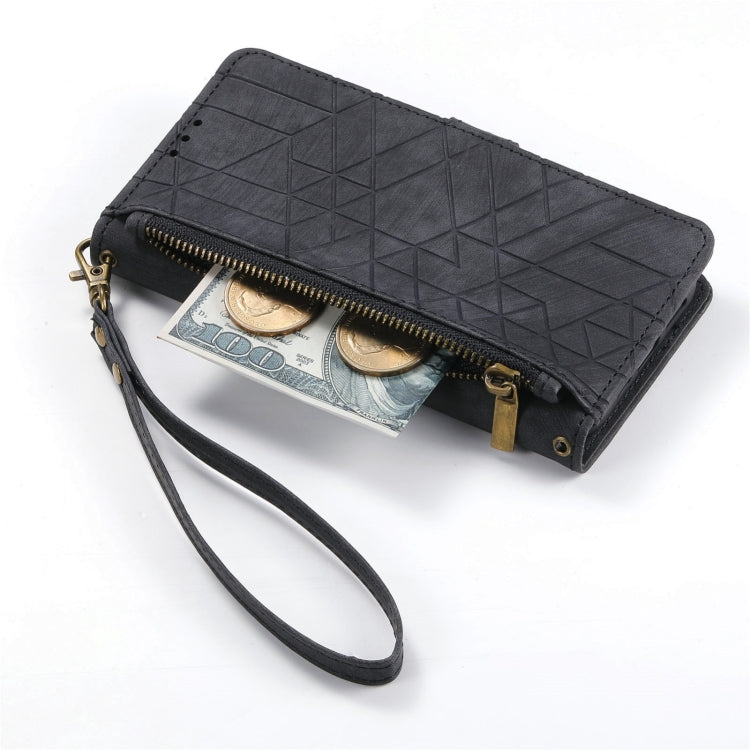 For iPhone 16 Pro Geometric Zipper Wallet Side Buckle Leather Phone Case