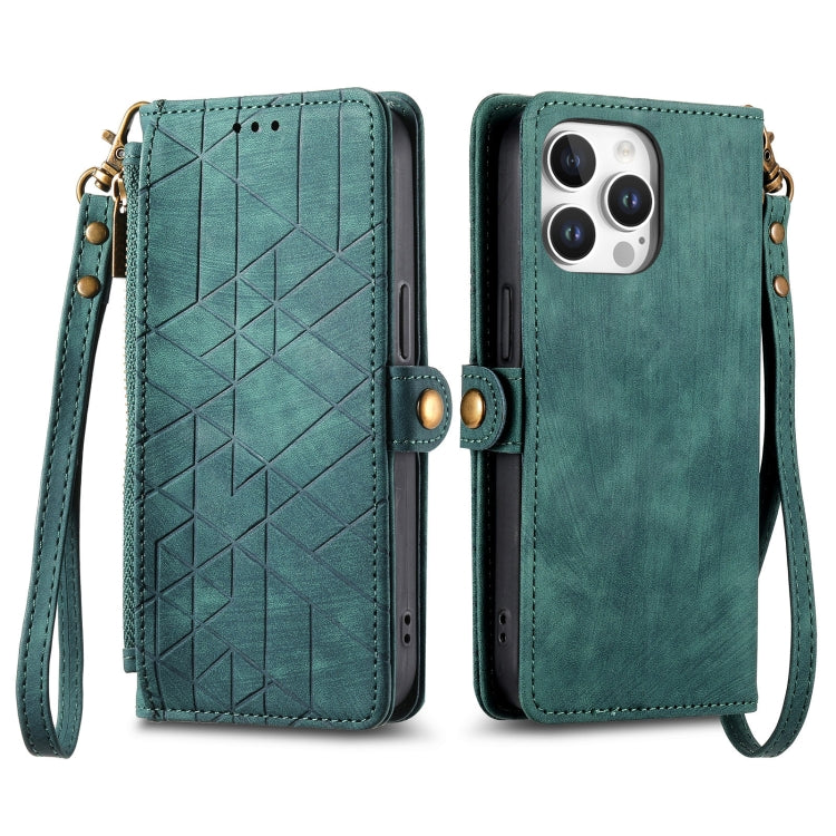 For iPhone 16 Pro Geometric Zipper Wallet Side Buckle Leather Phone Case