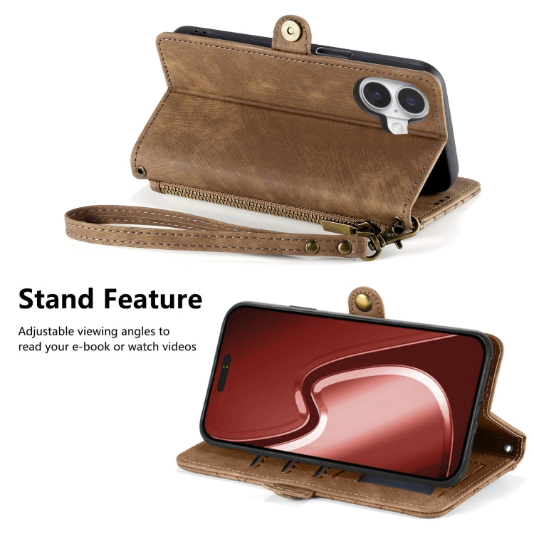 For iPhone 16 Plus Geometric Zipper Wallet Side Buckle Leather Phone Case