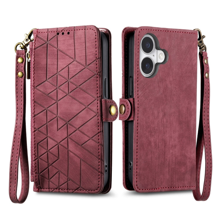 For iPhone 16 Plus Geometric Zipper Wallet Side Buckle Leather Phone Case