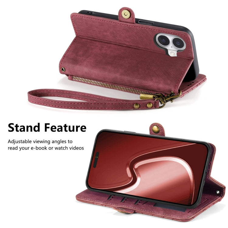For iPhone 16 Plus Geometric Zipper Wallet Side Buckle Leather Phone Case