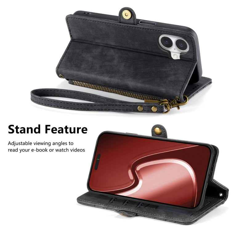 For iPhone 16 Plus Geometric Zipper Wallet Side Buckle Leather Phone Case