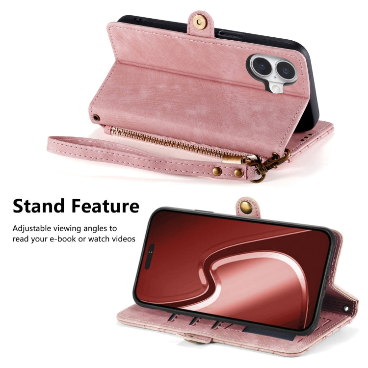 For iPhone 16 Plus Geometric Zipper Wallet Side Buckle Leather Phone Case