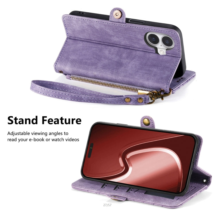 For iPhone 16 Plus Geometric Zipper Wallet Side Buckle Leather Phone Case